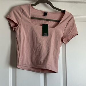 New Wild Fable Medium Pink Cotton Blend Square Neck Short Sleeve Crop Top Shirt
